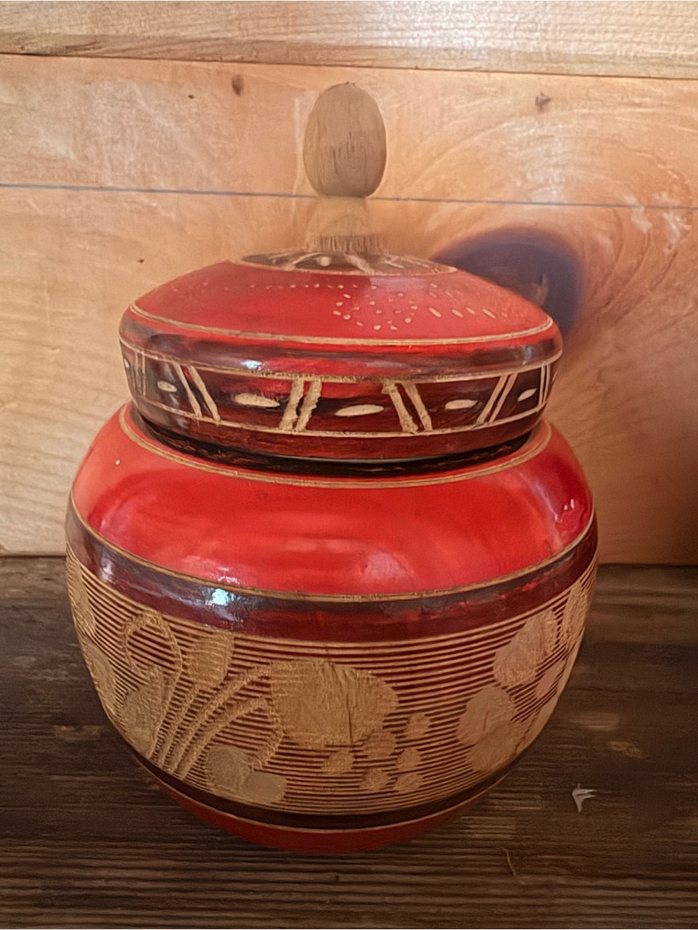 Vintage Hand Carved, Mexican Decorative Red Floral Lidded Trinket Jar- Home Art